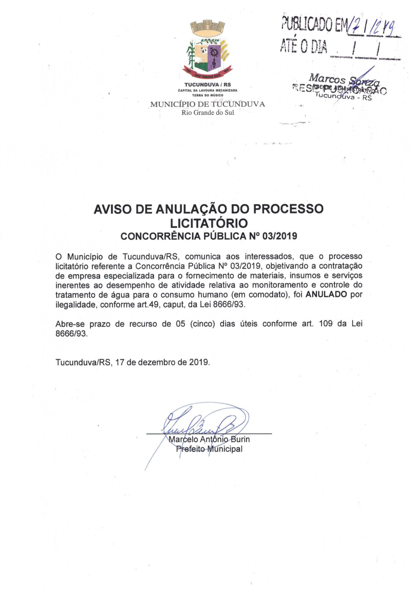 AVISO DE ANULAÇÃO CNC Nº 03_2019 TRATAMENTO DE ÁGUA